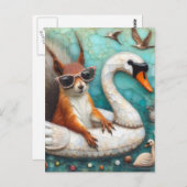 Squrriel in een Swan Float Digitale kunst Briefkaart (Voorkant / Achterkant)