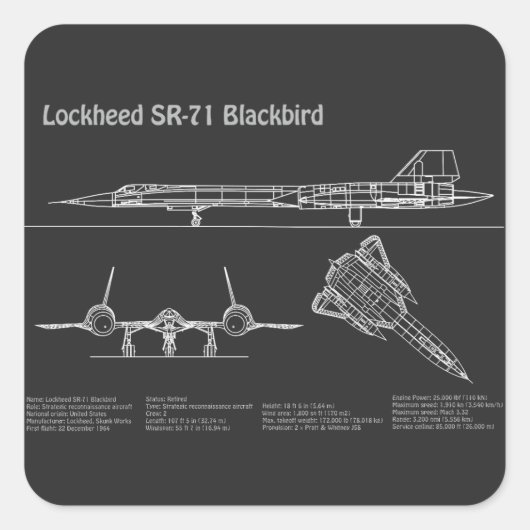 SR-71 Blackbird - Vliegtuigblauwdruk Plannen PD Vierkante Sticker (Voorkant)