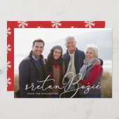 Sretan Božić Whimsical Script Holiday Photo Card Feestdagenkaart (Voorkant / Achterkant)