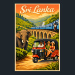 Sri Lanka - Vintage Travel Poster<br><div class="desc">Sri Lanka what an amazing country for the intrepid traveller! This cool vintage poster features the blue train crossing the famous Nine Arch Bridge which is nestled in amongst the tea plantations on the outskirts of Ella an elephant and of course a tuk tuk!</div>
