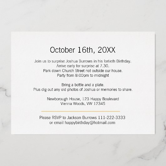 Ssh.. Verrassend 40e verjaardag gouden zwarte fees Folie Uitnodiging (Achterkant)