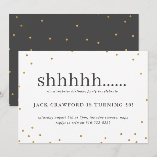 Sssssst, uitnodiging voor een verrassingsfeestje (Voorkant / Achterkant)