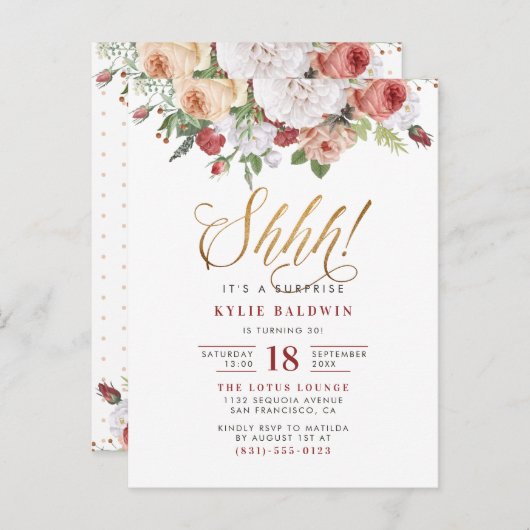 Ssst! Gold Glitter Script Verrassingsfeest Uitnodiging Briefkaart (Voorkant / Achterkant)