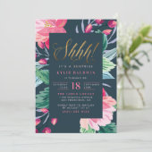 Ssst! Gouden Glitter Script Floral Surprise Verjaa Kaart (Staand voorkant)
