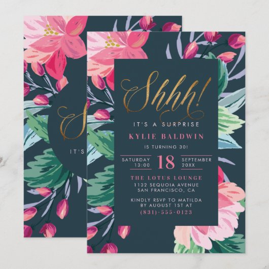 Ssst! Gouden Glitter Script Floral Surprise Verjaa Kaart (Voorkant / Achterkant)