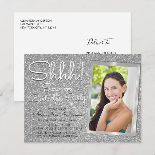 Sst! Verrassingsfeest Foto met zilveren verjaardag Briefkaart (Voorkant / Achterkant)