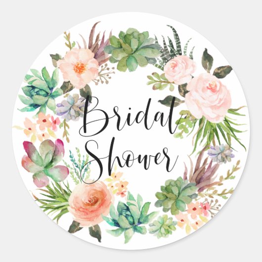 Ssucculenten Bloemige Boho Krans Bruidsdouche Ronde Sticker (Voorkant)
