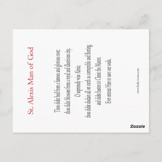 St. Alexis Man van God Prayer Card Briefkaart (Achterkant)