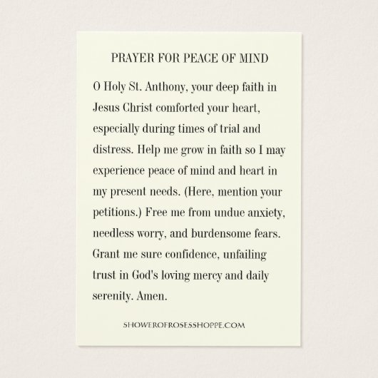 St. Anthony Gebed voor gemoedsrust & hart Visitekaartje (Achterkant)