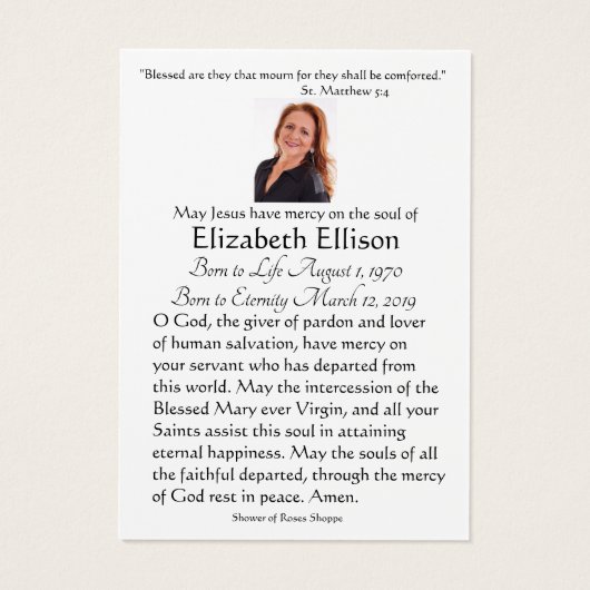 St. Anthony katholieke begrafenisherdenking Heilig Visitekaartje (Achterkant)