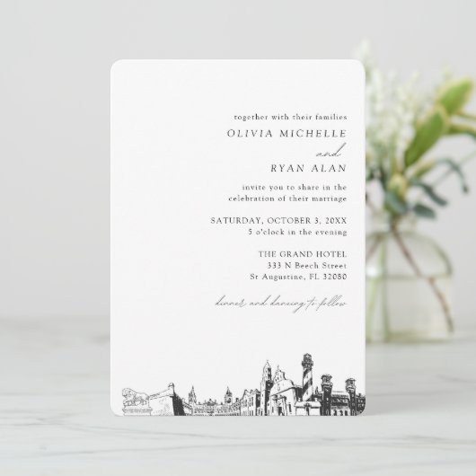 St Augustine bruiloft elegante skyline uitnodiging (Staand voorkant)