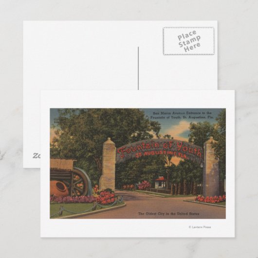 St. Augustine, FL - Fontein of Youth Entrance Briefkaart (Voorkant / Achterkant)