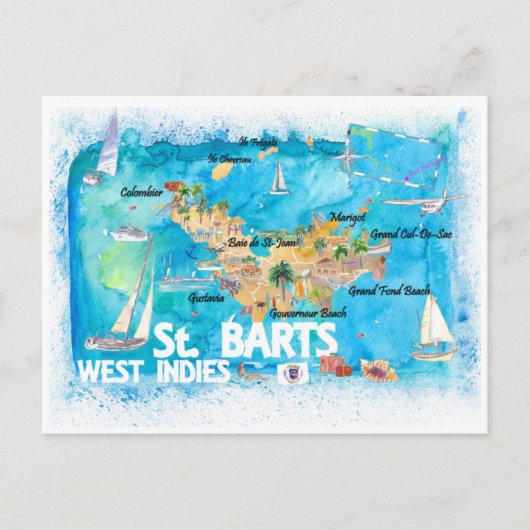 St Barts Antilles Illustrated Caribbean Map Briefkaart (Voorkant)