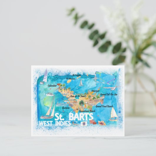 St Barts Antilles Illustrated Caribbean Map Briefkaart (Staand voorkant)