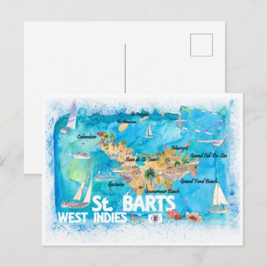 St Barts Antilles Illustrated Caribbean Map Briefkaart (Voorkant / Achterkant)