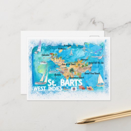 St Barts Antilles Illustrated Caribbean Map Briefkaart (Voorkant / Achterkant in situ)