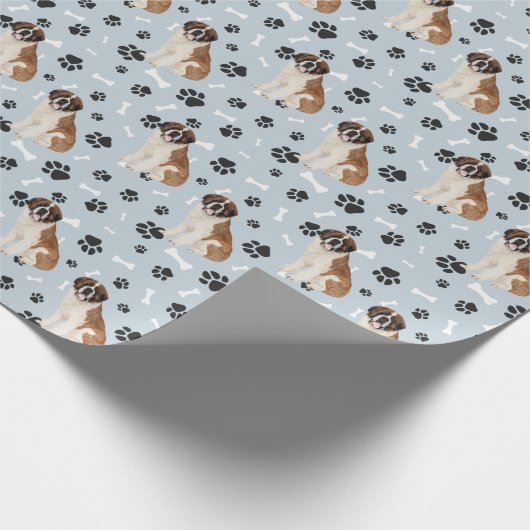 St. Bernard Dog Paw Print Pattern op Silver Blue Cadeaupapier (Hoek)