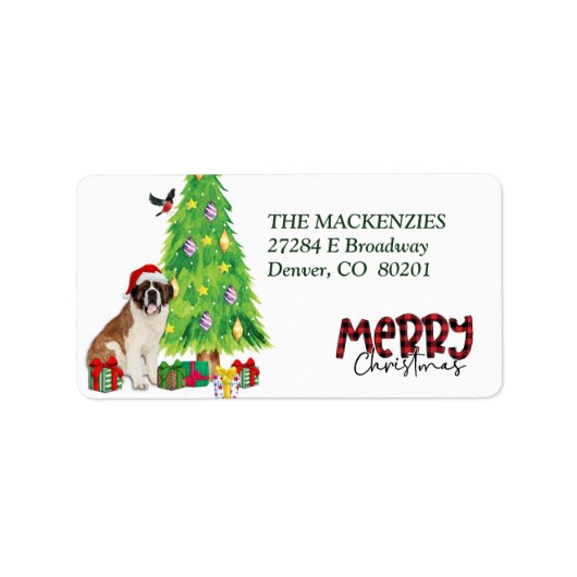 St Bernard-hond en kerstboom retouradres Etiket (Voorkant)