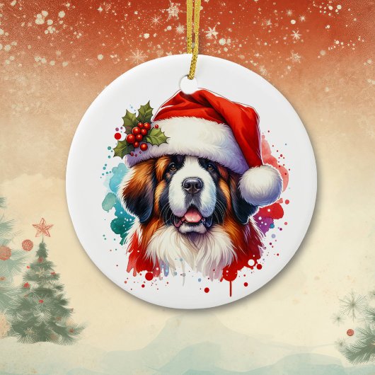 St Bernard in Santa Hat Gepersonaliseerde Kerst Keramisch Ornament