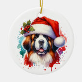 St Bernard in Santa Hat Gepersonaliseerde Kerst Keramisch Ornament (Voorkant)