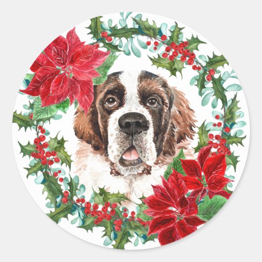 St Bernard Poinsettia Holly Kerstkrans Ronde Sticker (Voorkant)