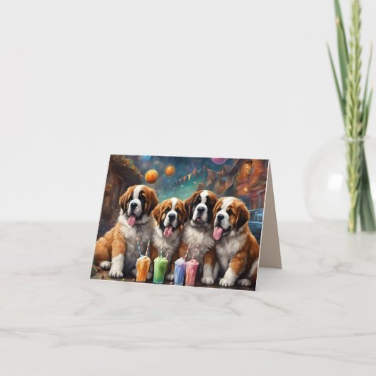 St Bernard Puppies en Milkshakes Verjaardag Kaart (Voorkant)