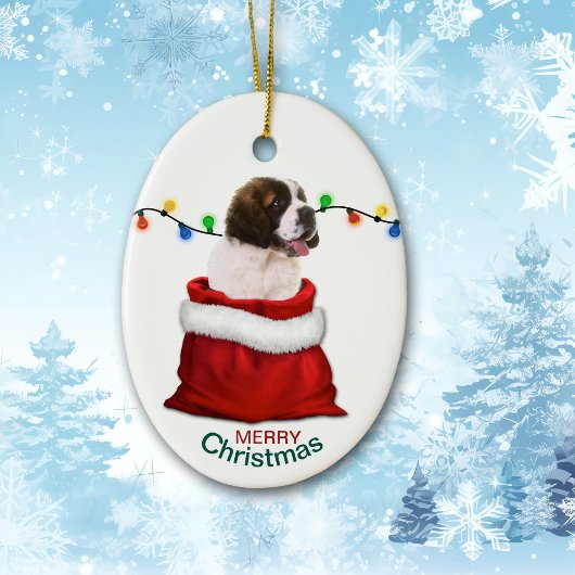 St. Bernard Puppy Dog in Holiday Gift Bag Keramisch Ornament