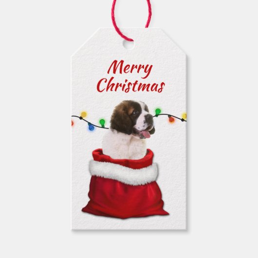 St. Bernard Puppy in Santa Bag Cadeaulabel (Voorkant)