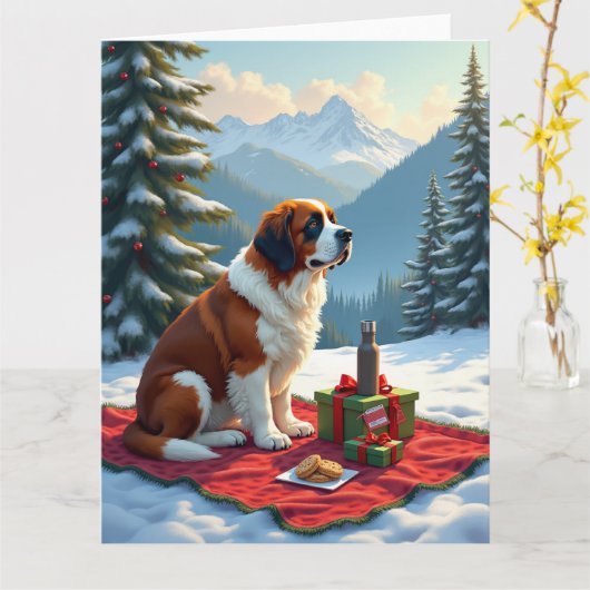 St. Bernard Winter Picnic Christmas Painting Kaart (Gele Bloem)