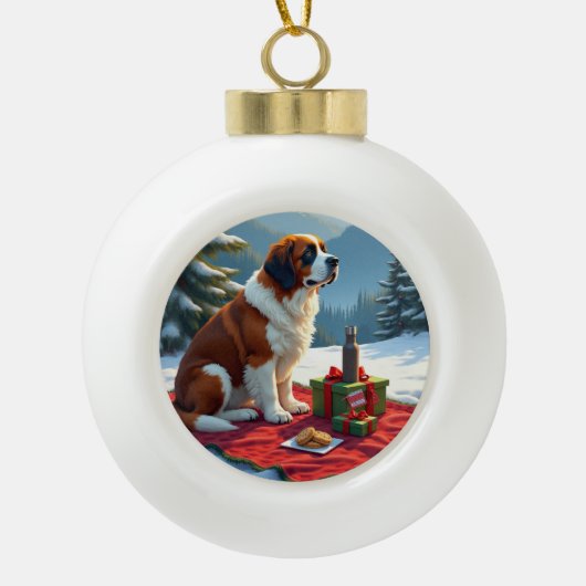 St. Bernard Winter Picnic Christmas Painting Keramische Bal Ornament (Voorkant)