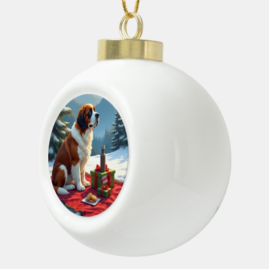 St. Bernard Winter Picnic Christmas Painting Keramische Bal Ornament (Rechts)