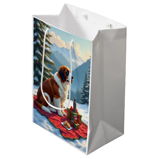 St. Bernard Winter Picnic Christmas Painting Medium Cadeauzakje (Voorkant Gekanteld)