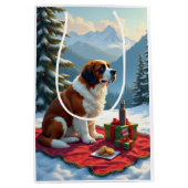 St. Bernard Winter Picnic Christmas Painting Medium Cadeauzakje (Voorkant)