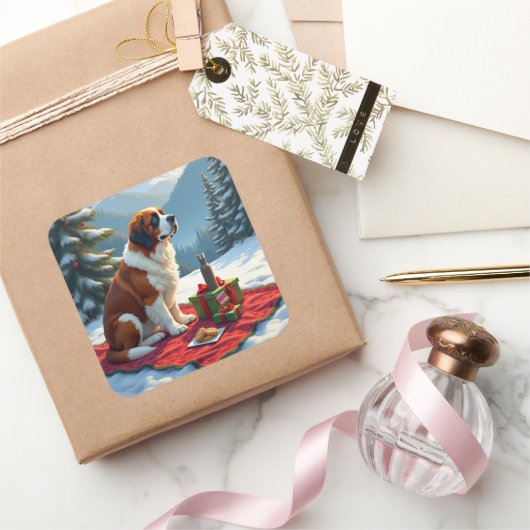 St. Bernard Winter Picnic Christmas Painting Vierkante Sticker (Geschenken)