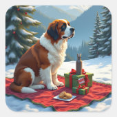 St. Bernard Winter Picnic Christmas Painting Vierkante Sticker (Voorkant)