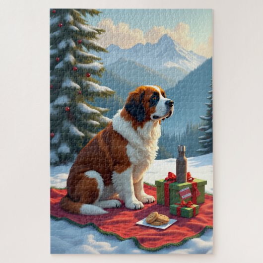 St. Bernard Winterpicknick Kerstschilderij Legpuzzel (Verticaal)