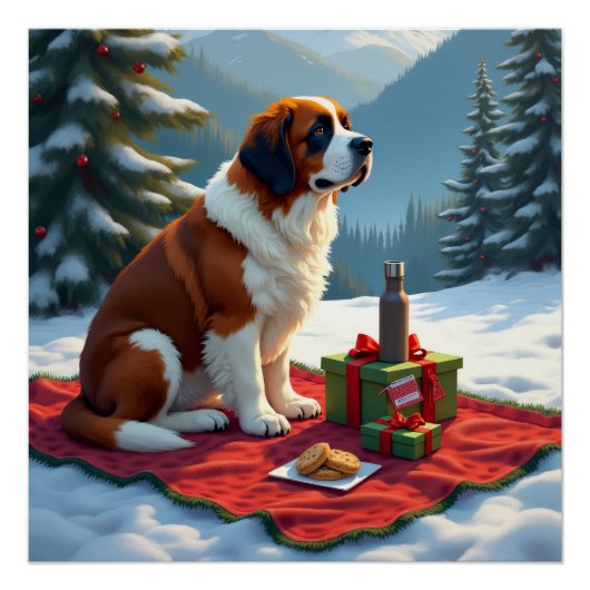 St. Bernard Winterpicknick Kerstschilderij Perfect Poster (Voorkant)
