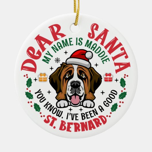 St. Bernard Zwitserse hond Kerstman gepersonalisee Keramisch Ornament (Voorkant)