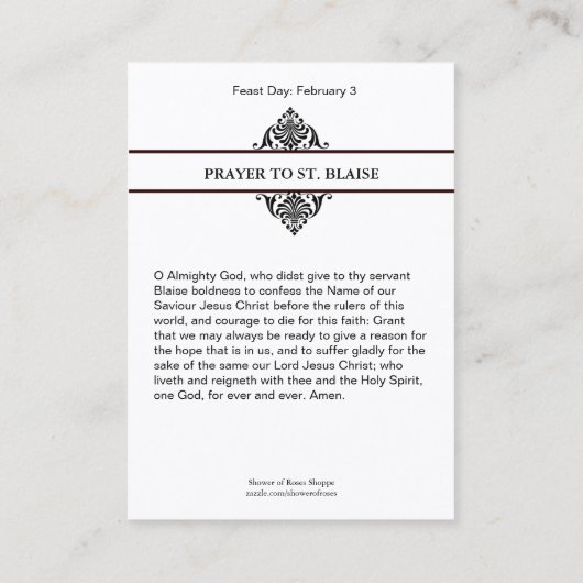 St. Blaise Patron Saint of Throat Illness Visitekaartje (Achterkant)
