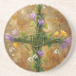 St Brigid Cross Green Rushes Crocus Imbolc Art Zandsteen Onderzetter