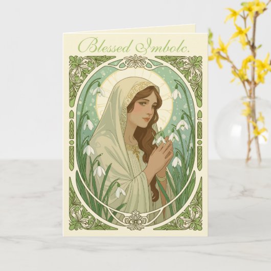 St Brigid Holding Snowdrops at Imbolc Kaart (Gele Bloem)