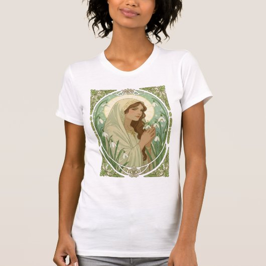 St Brigid Holding Snowdrops at Imbolc T-shirt (Voorkant)