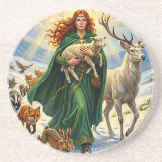 St Brigid Spring Goddess Woodland Animals Imbolc Zandsteen Onderzetter (Voorkant)
