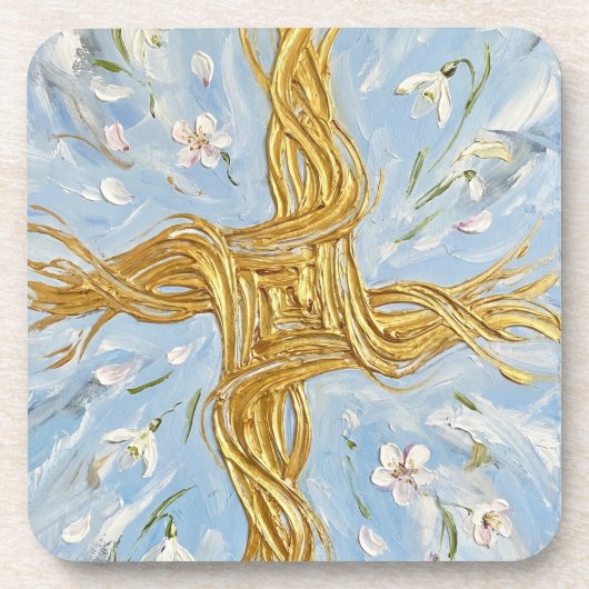St Brigid's Cross Snowdrops Golden Imbolc Art Bier Onderzetter (Voorkant)