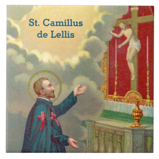 St. Camillus Praying voor een Crucifix (M 020) Tegeltje (Voorkant)
