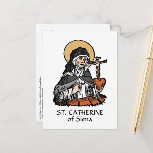 St. Catherine of Siena met Crucifix-Topped Heart Briefkaart (Voorkant / Achterkant in situ)