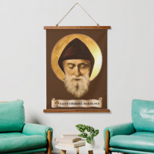 St. Charbel Makhlouf wandtapijt met houten rand Hangend Wandkleed