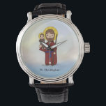 St. Christopher Feast Day Saint Horloge<br><div class="desc">St. Christopher is op een eenvoudige manier geschilderd. Hij houdt Jezus vast en draagt een staf in zijn hand. De waterverf kijkt naar de achtergrond van de rivier die hij oversteekt terwijl hij het Christuskind vervoert. Verzend zegeningen op de dag van St. Christopher. Ideaal voor volwassenen of jongeren. Zijn feestdag...</div>
