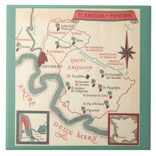 St. Emilion Bordeaux Wine Map  Ceramic Tile Tegeltje (Voorkant)