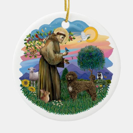 St Francis - Bruine Portugese Waterhond Keramisch Ornament (Voorkant)
